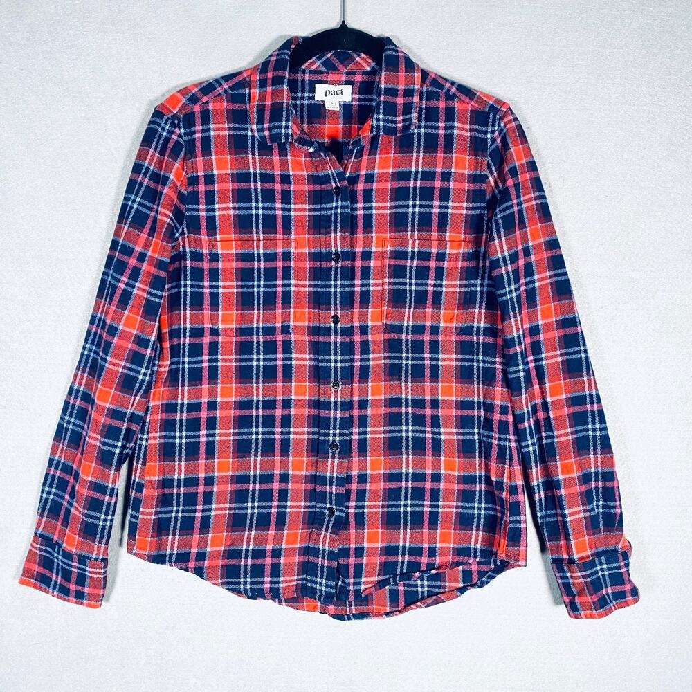 Pact Flannel Shirt Womens S Red Organic Cotton Button Up Plaid Hiking Outdoor